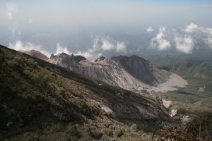 View of the lava domes of Santiaguito volcano, from the flanks of Santa Maria, Guatemala