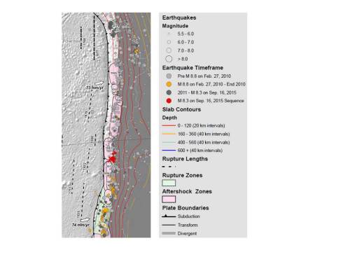 Map of historical rupture zones of large Chilean earthquakes. Source: United States Geological Survey. 